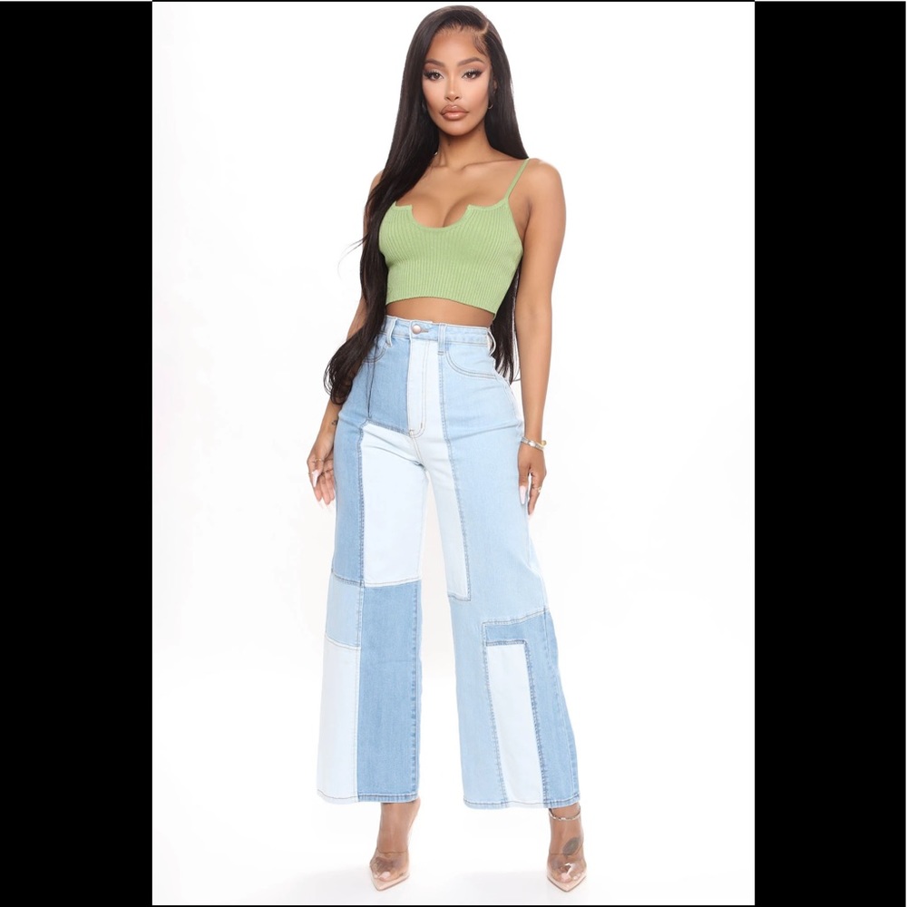 FASHION NOVA Piece of Patchwork Crop Wide Leg Jeans - Light Blue Wash